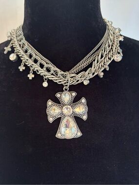 Y2K Gothic Cross Statement Necklace Layered Chain Rhinestone Biker Boho McBling
